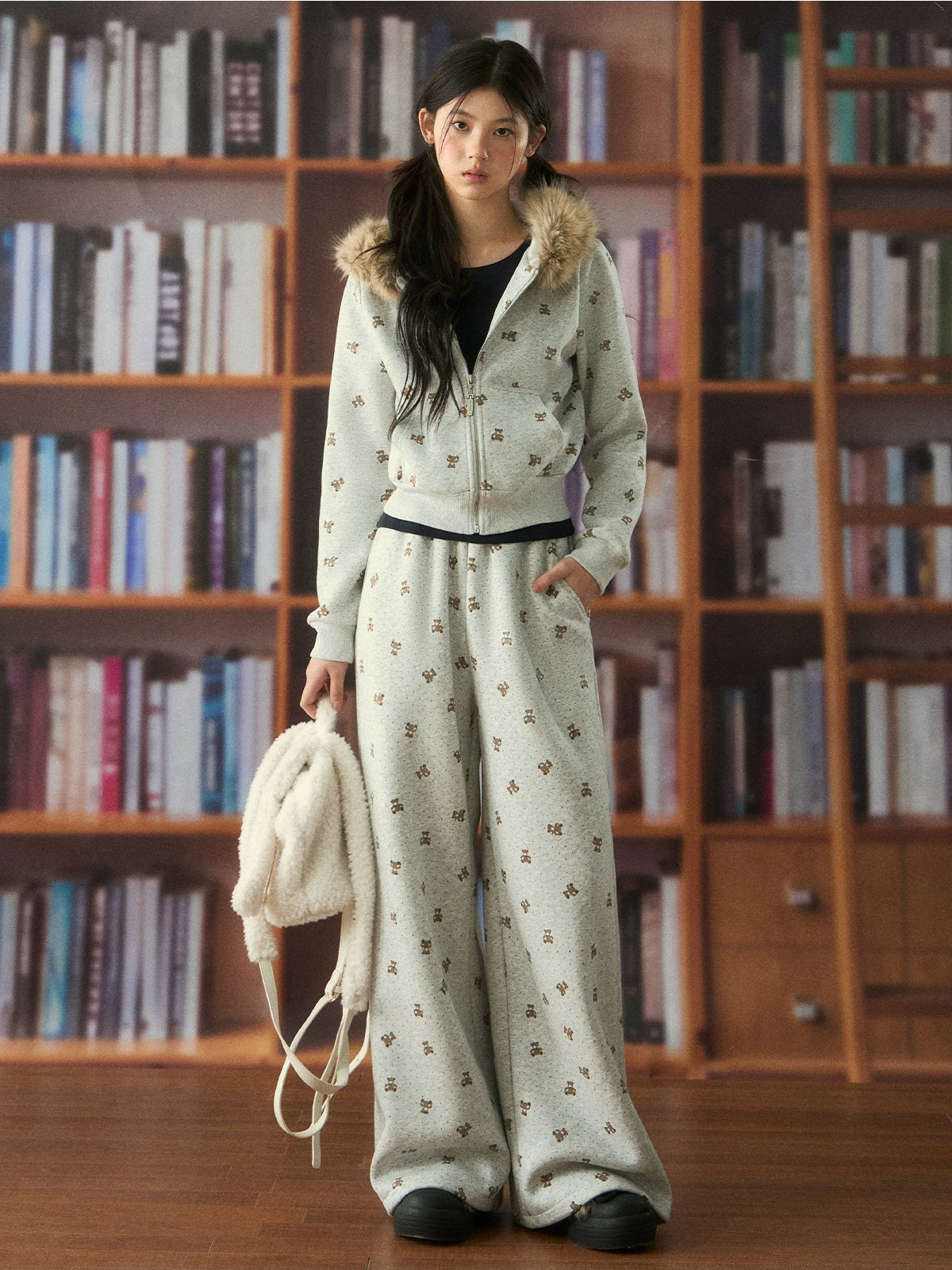 Bear Print Hooded Zip Jacket
