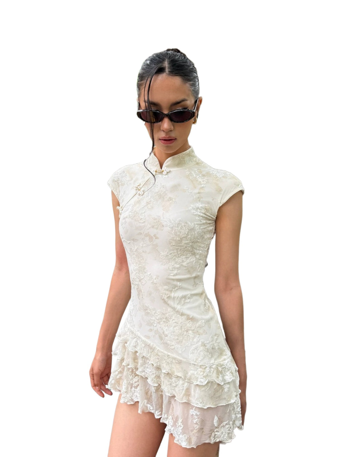 Ivory Floral Ruched Qipao Mini Dress