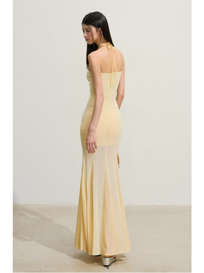Yellow Floral Halter Waist Dress