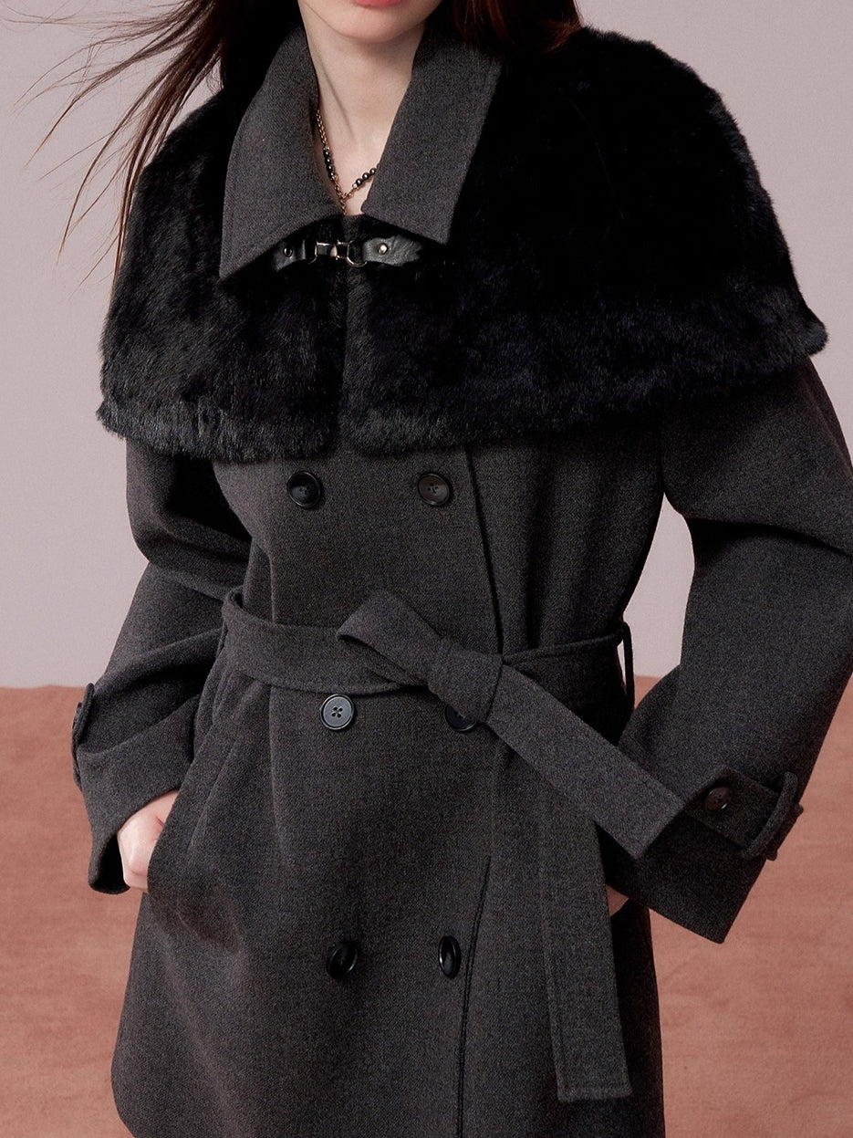 Fur Collar Cape-Style Wool Coat