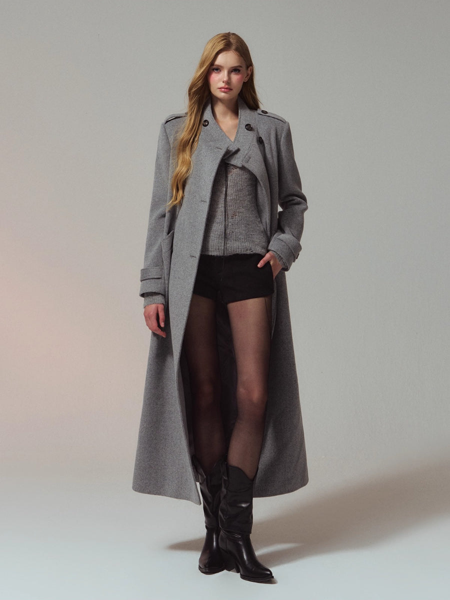 Structured Epaulette Stand-Collar Wool Long Coat