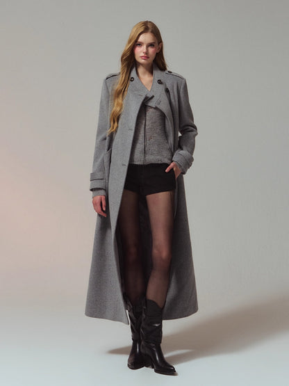 Structured Epaulette Stand-Collar Wool Long Coat