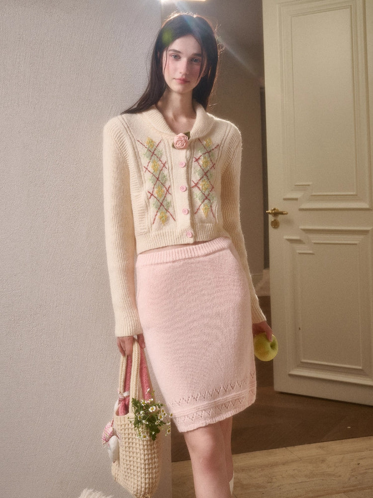 Cosagach Cream Wool Knit Cardigan &amp; Skirt Set