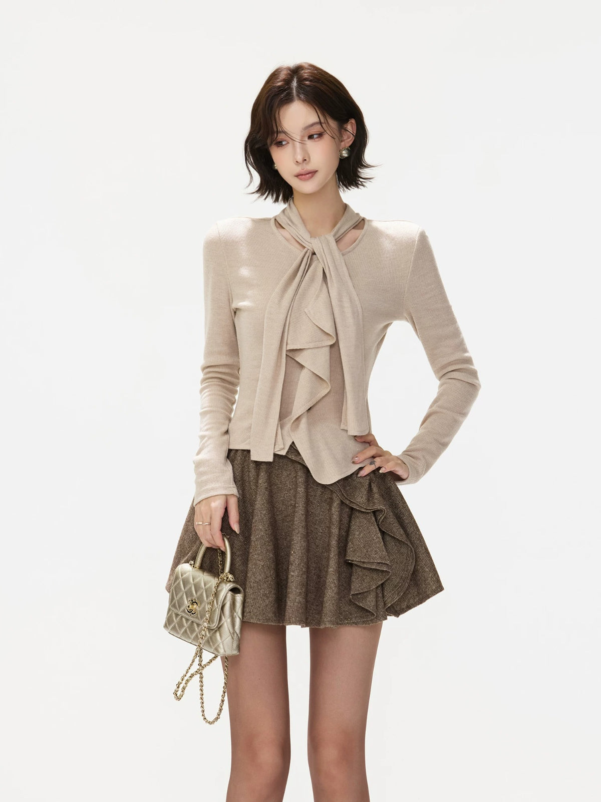 Textured Wool Blend Ruffle Mini Skirt