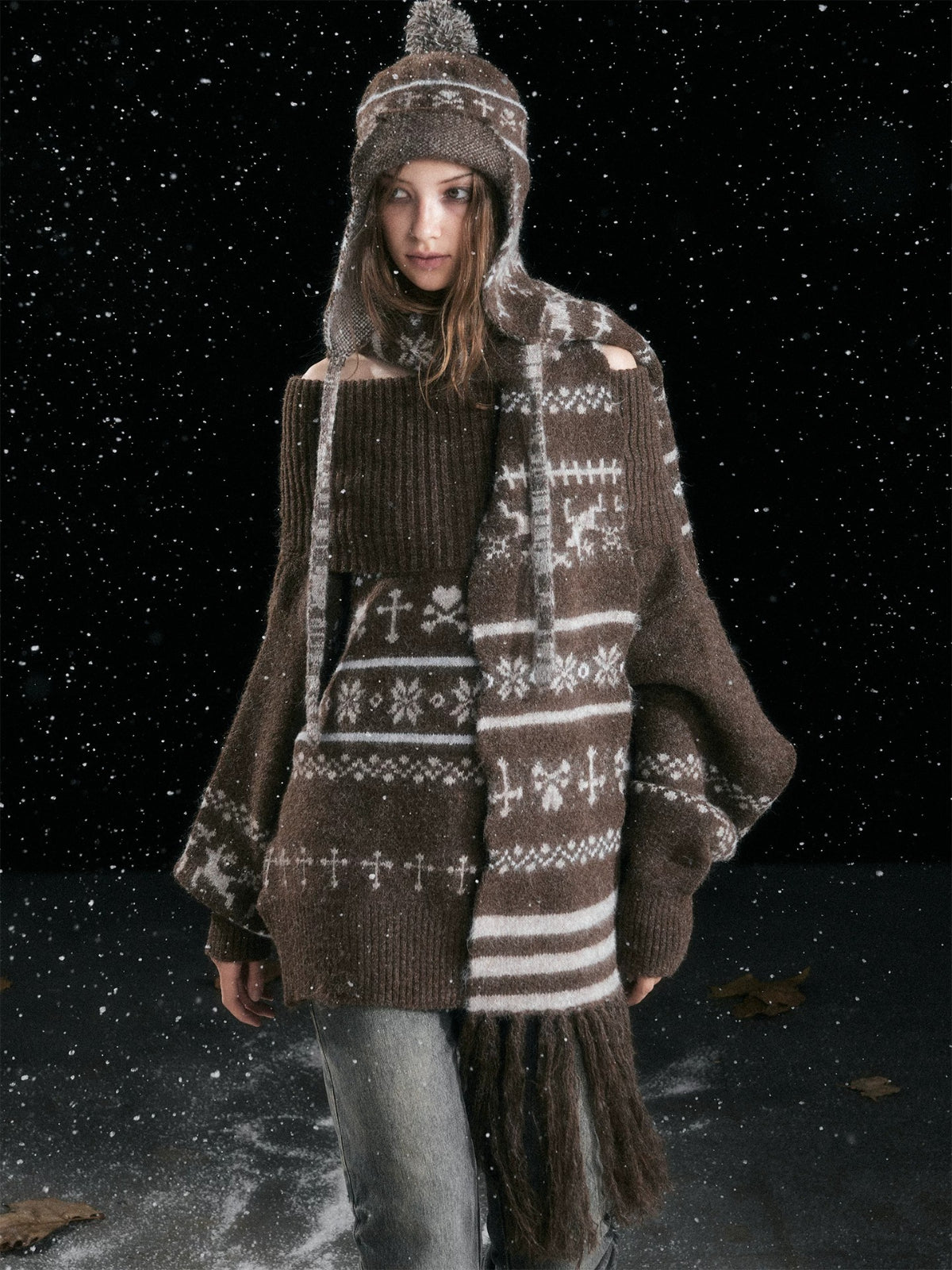 Striped Snowflake Knit Earflap Hat