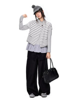 Striped Half Neck Button Knit Top