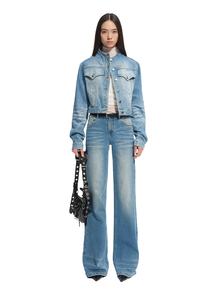 Twill Denim Cat-Whisker Stand-Collar Short Jacket