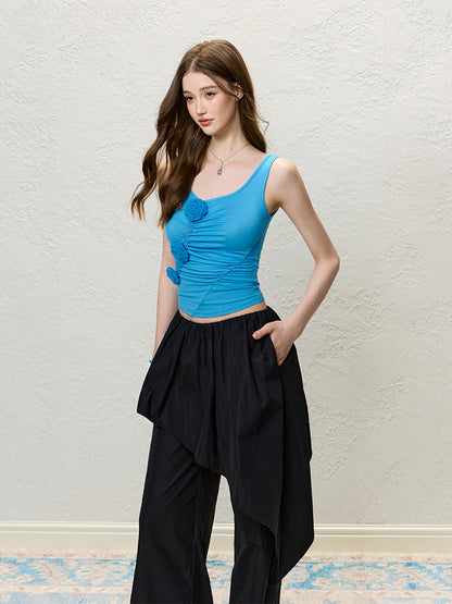 Blue 3D Rose Ruched Slim Tank Top