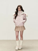 Faux Layered Fur-Trim Hooded Down Jacket
