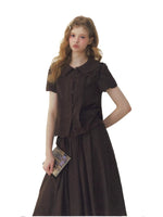 Brown Doll Collar Blouse & Skirt Set