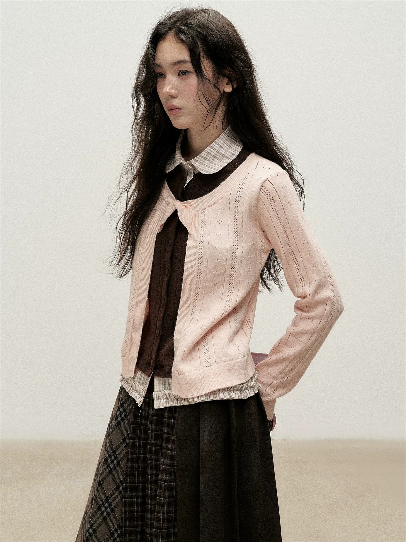 Plaid Collar Layered Knit Top