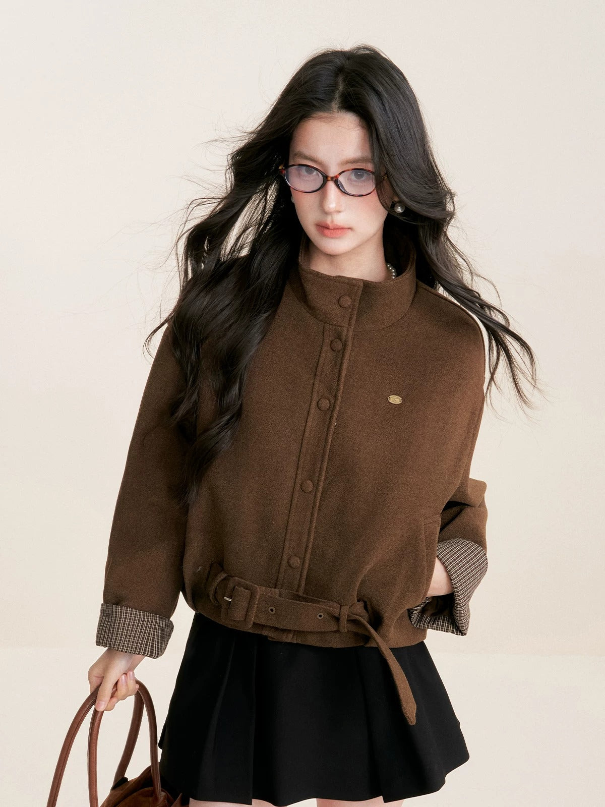 Plaid Trim Belted Coat