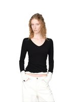 Wool Contrast V Neck Ruched Top