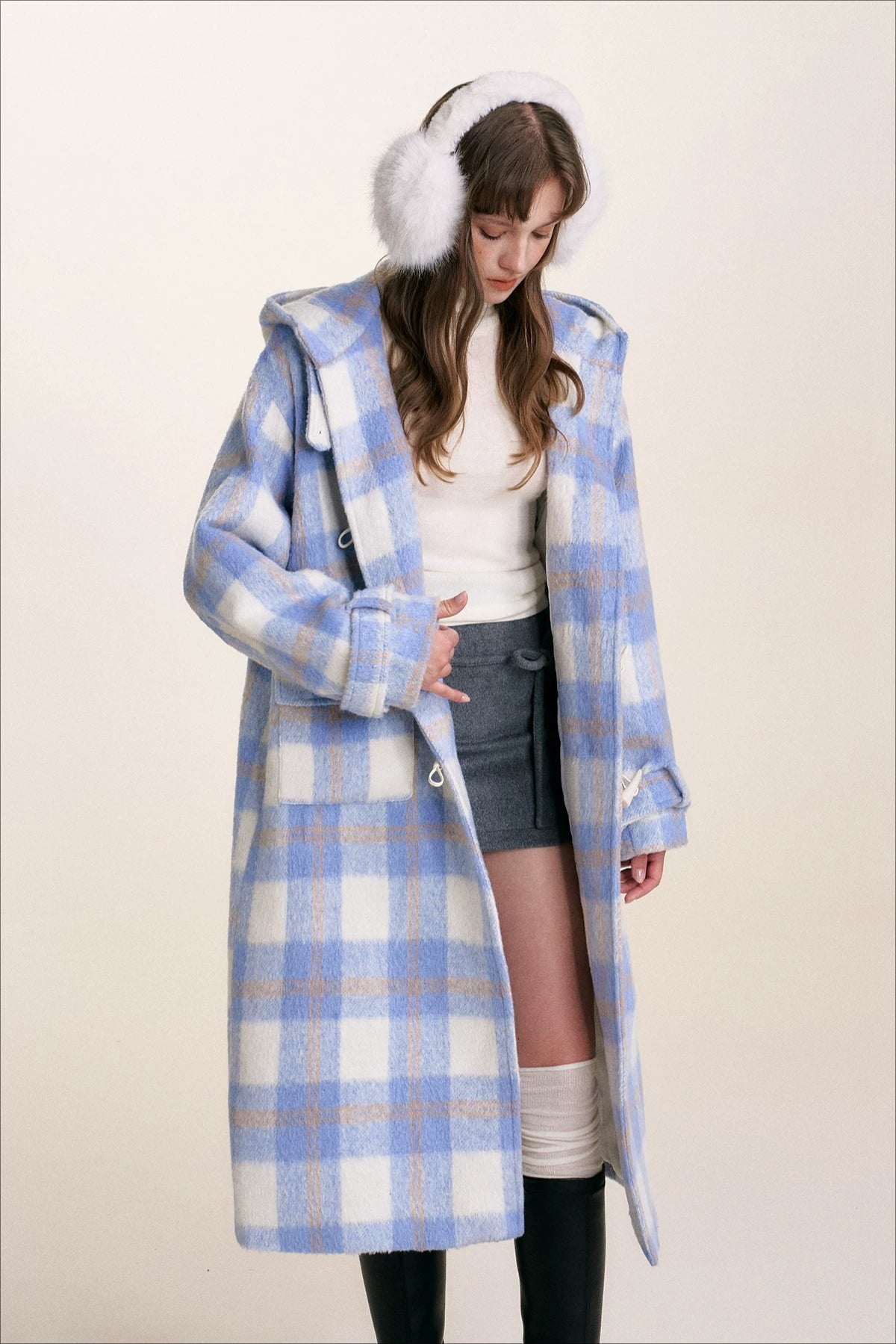 Blue Check Hooded Wool Coat