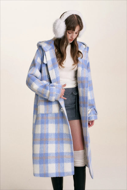 Blue Check Hooded Wool Coat