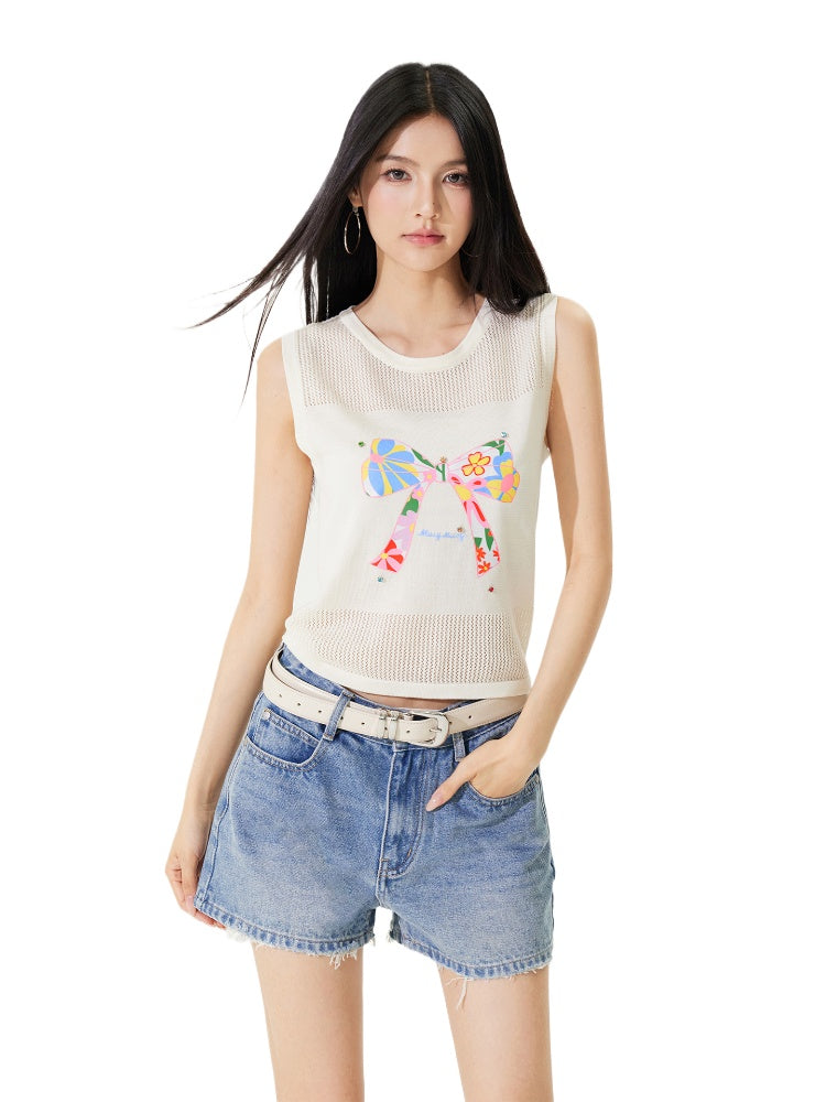 Bowknot Hollow Out Tencel Tank Top