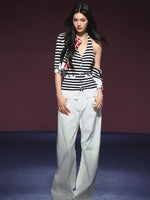 Contrast Stripe Halter Camisole Tank Top & Cardigan Set