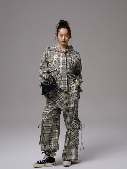 Plaid Hooded Shirt &amp; Skirt &amp; Pants Set