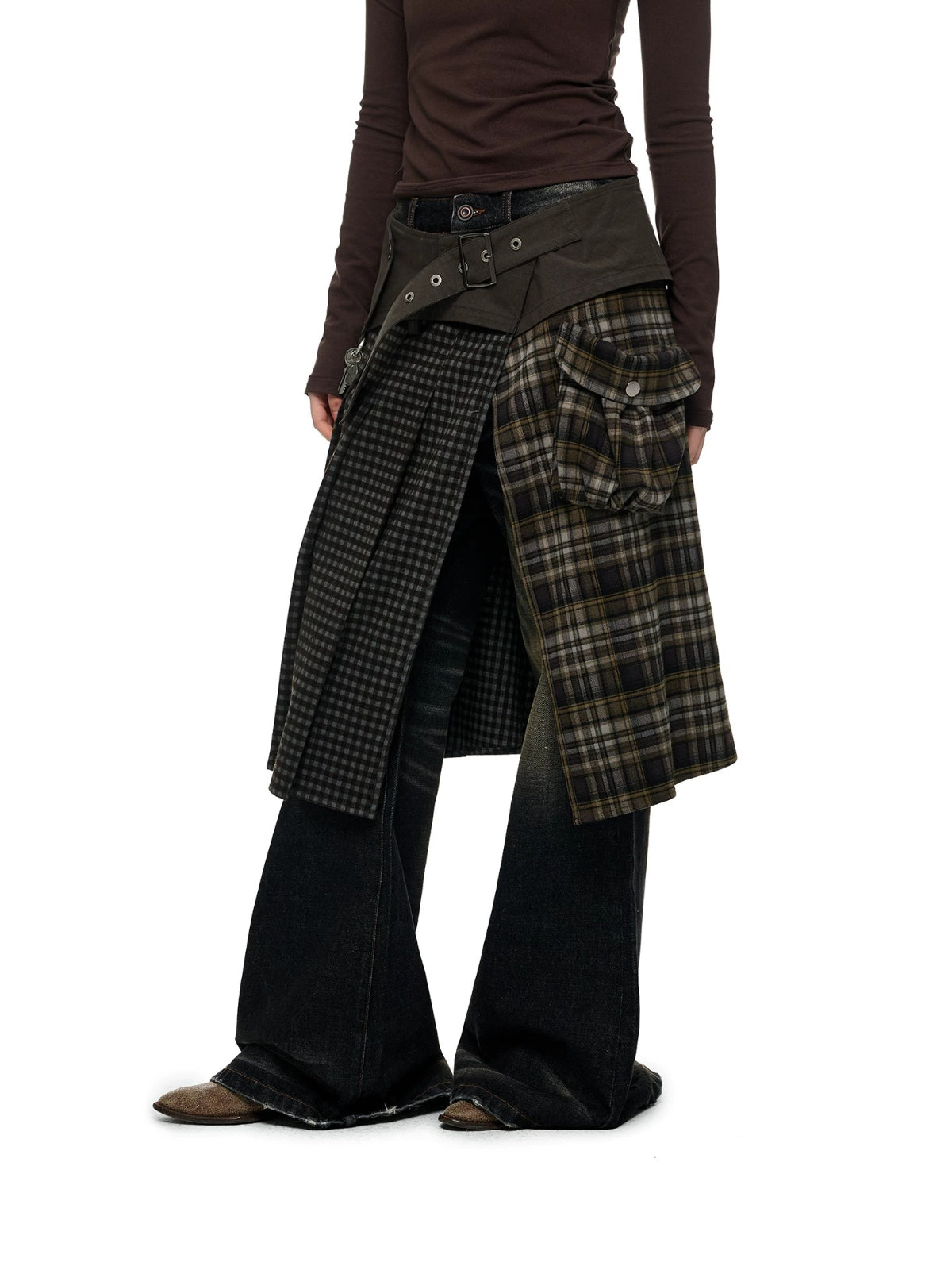 Plaid Panel Utility Midi Skirt