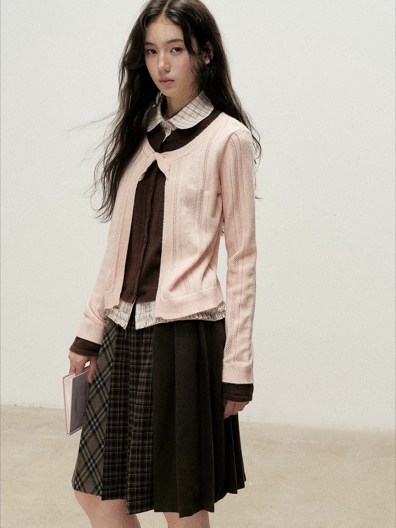 Plaid Collar Layered Knit Top