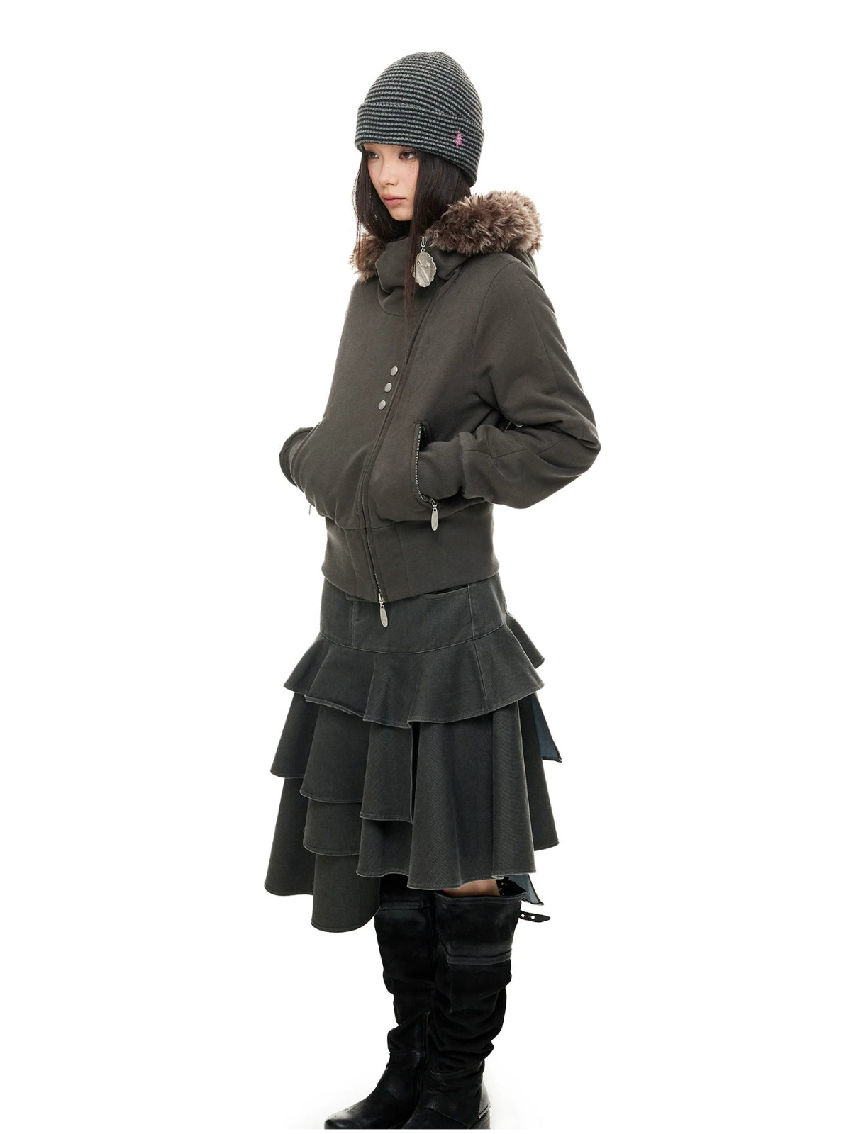 Hooded Cropped Fur Trim Jacket