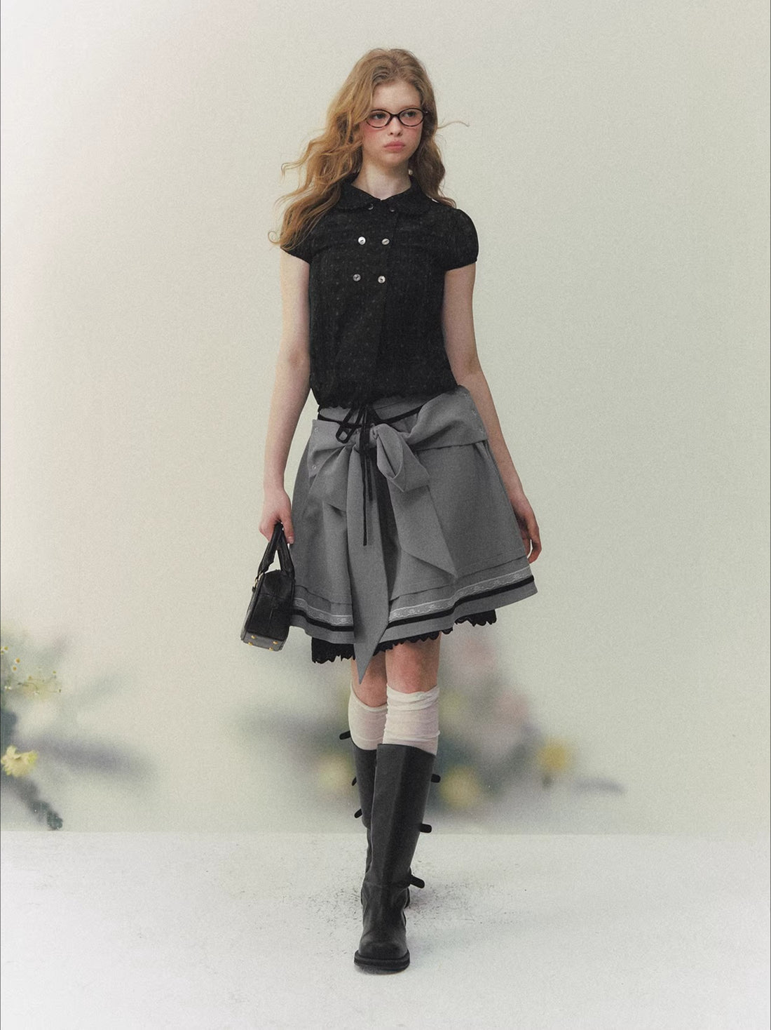 Gray Bow Pleated Skirt