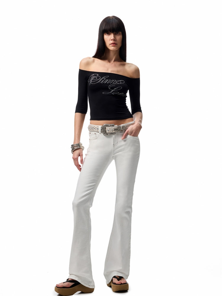 One-Shoulder Rhinestone Acetate Slim T-shirt