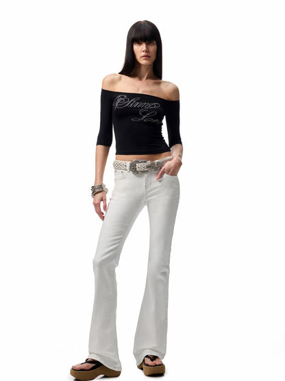 One-Shoulder Rhinestone Acetate Slim T-shirt