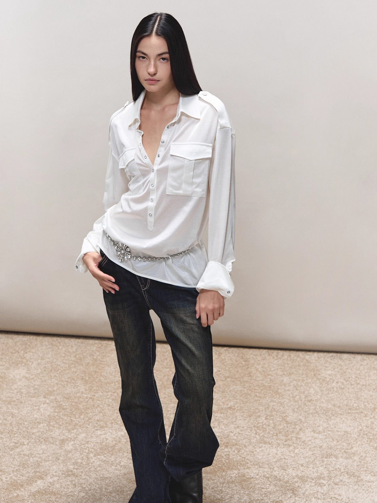 Satin-Sheen Knit Utility Shirt