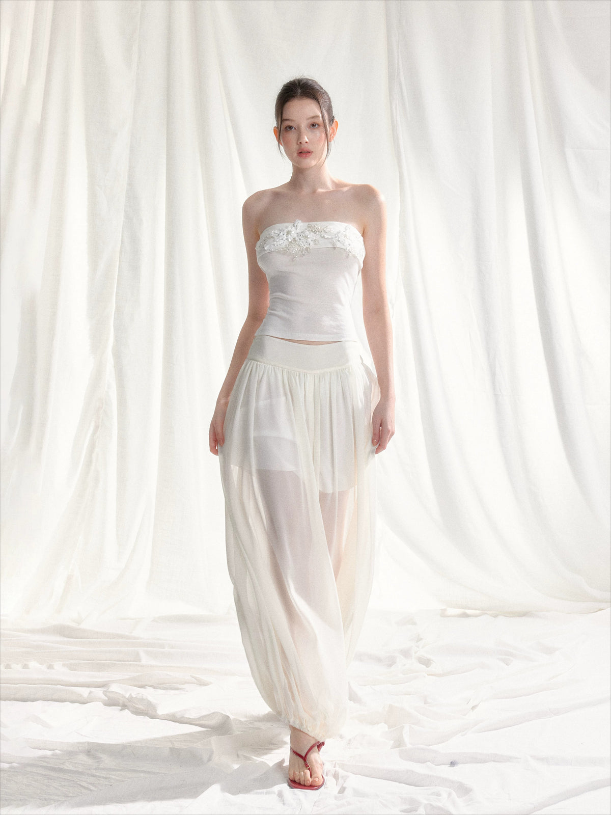 Floral Appliqué Bustier &amp; Mesh Pants Set