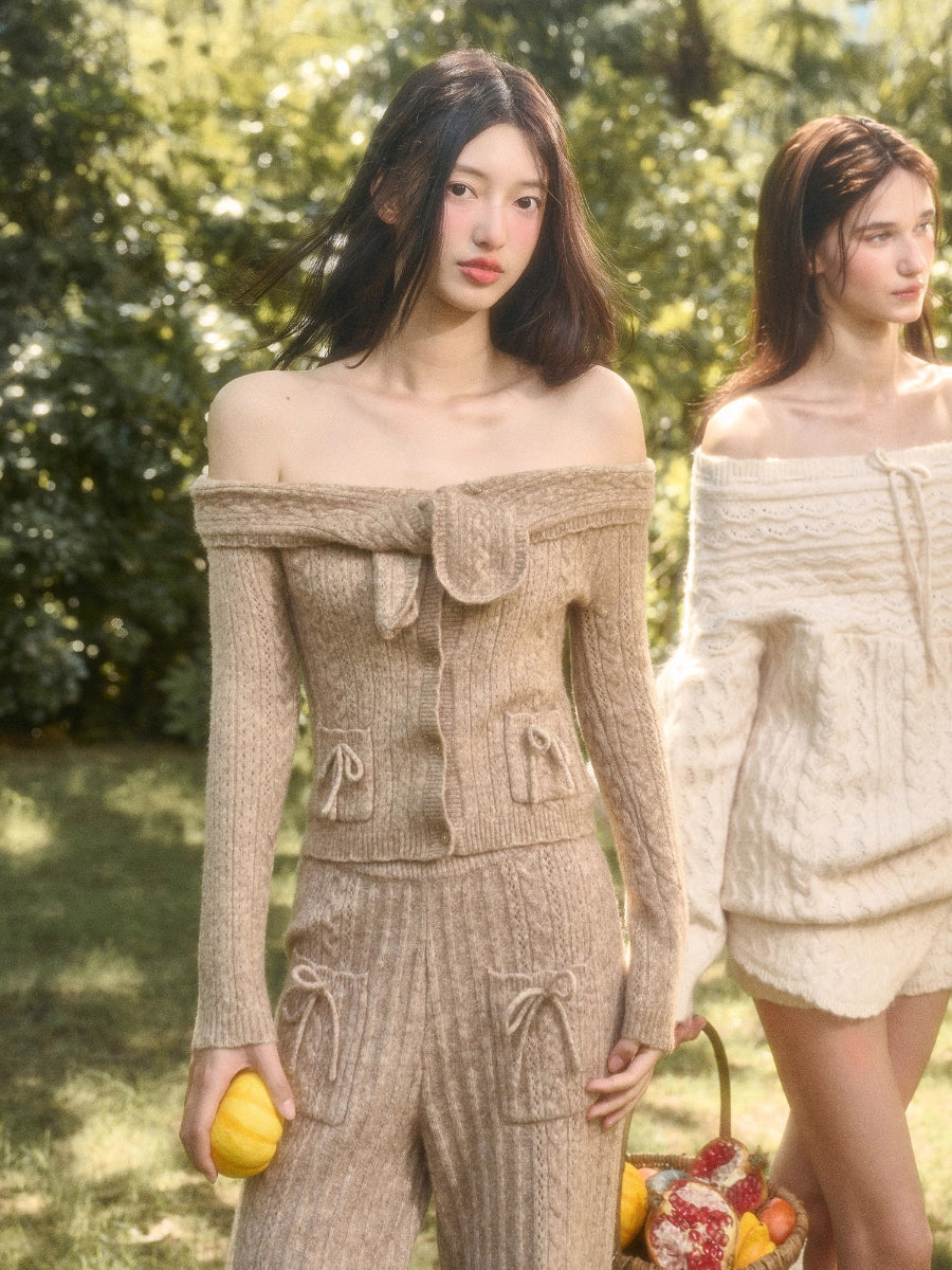Velvet Bunny Wool Cloud Off-Shoulder Knit Cardigan &amp; Pants Set