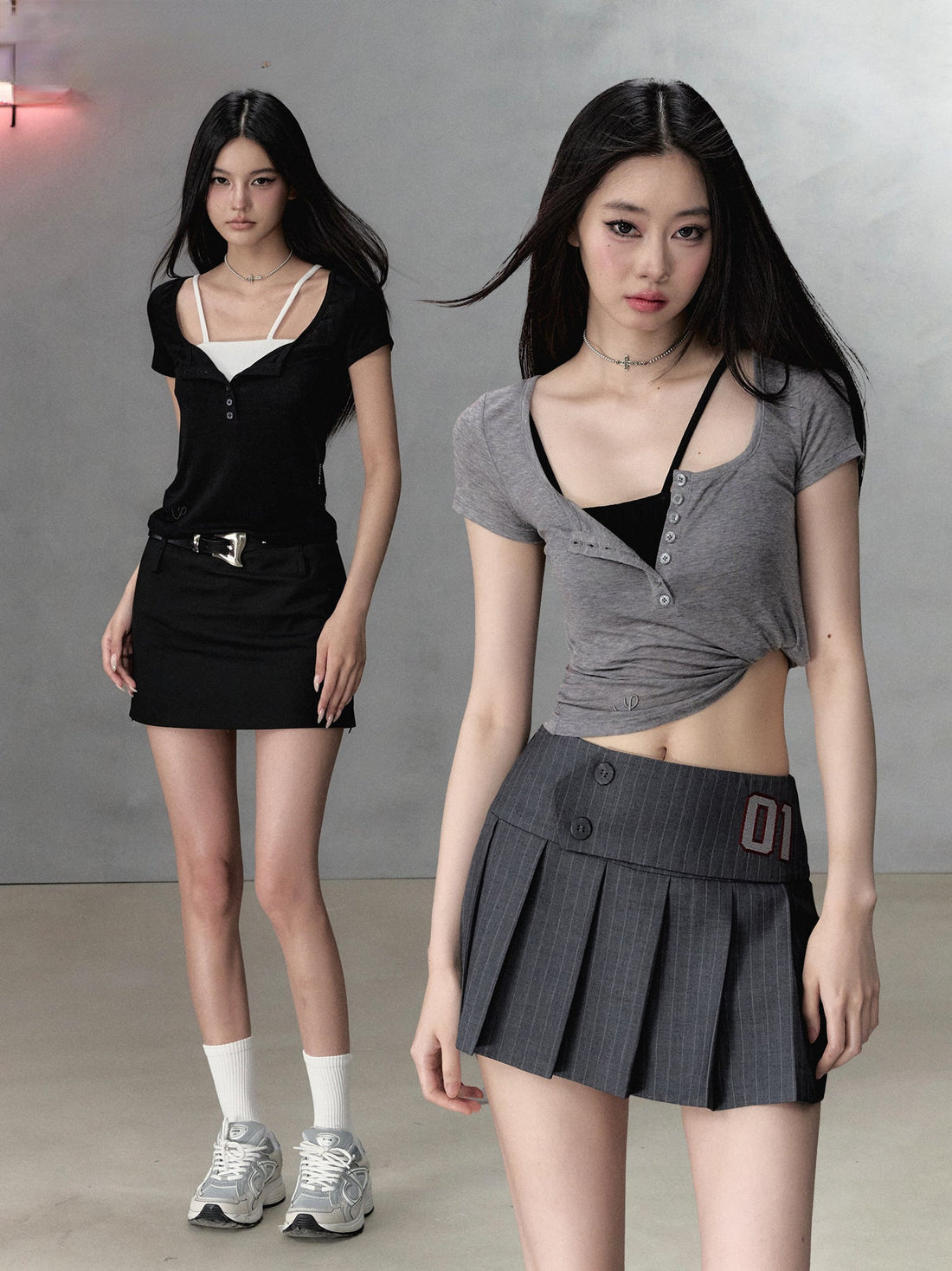Black &amp; Grey Henley Collar Embroidered T-Shirt