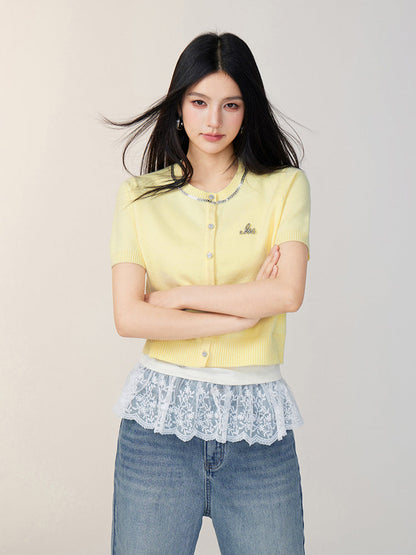 Rhinestone Button Knitted Short-Sleeve Cardigan