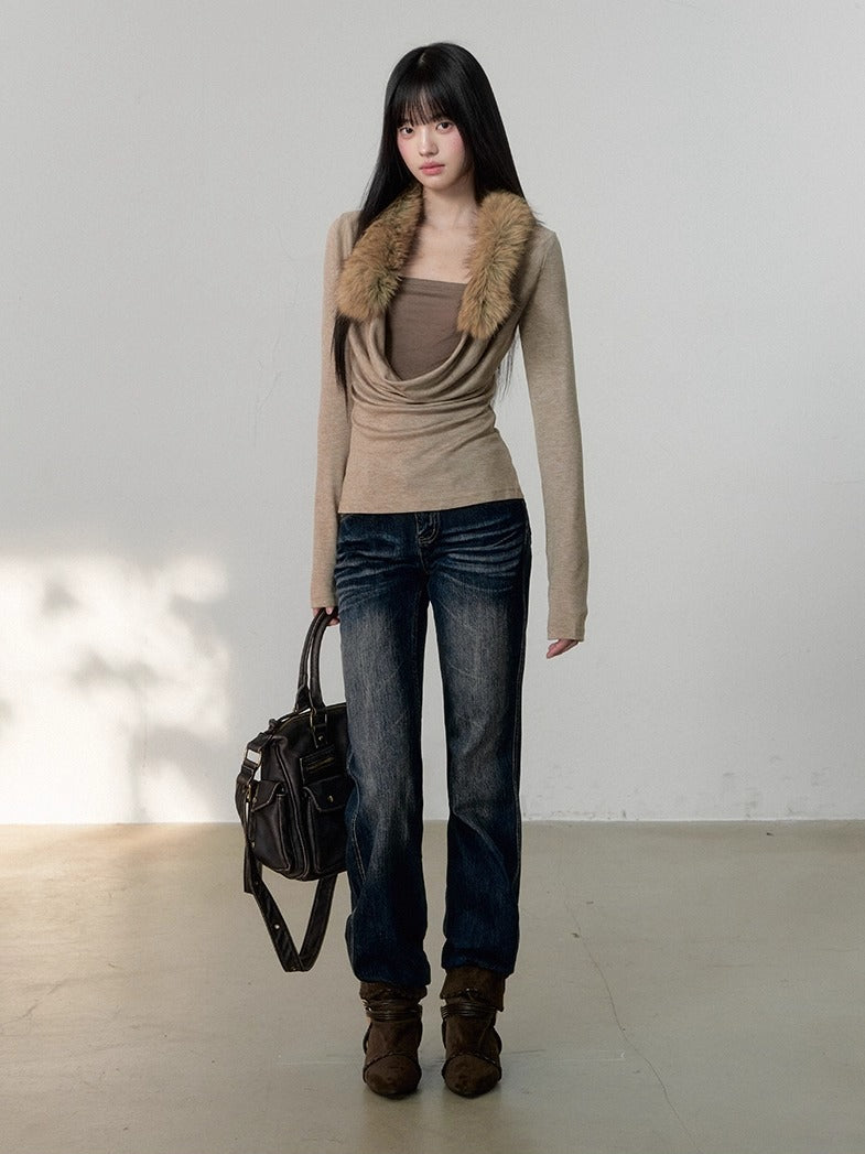 Oatmeal Fur Collar Knit Top