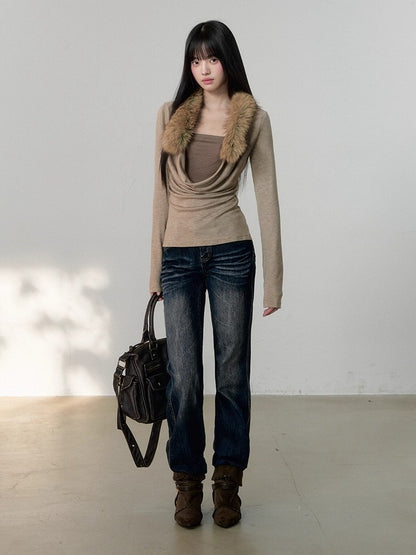 Oatmeal Fur Collar Knit Top