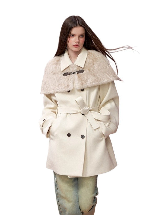 Fur Collar Cape-Style Wool Coat