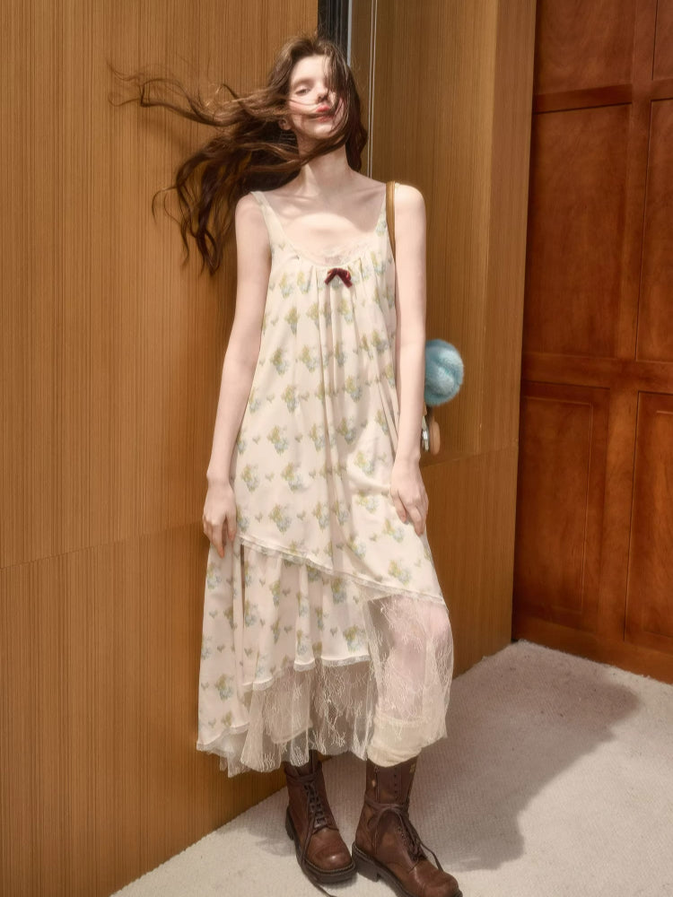 Faux-Layer Lace Trim Chiffon Slip Dress