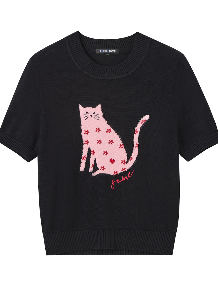 Cat Print Short Sleeve Knit Top