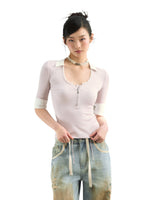 Lace Trim Zip Knit Tee