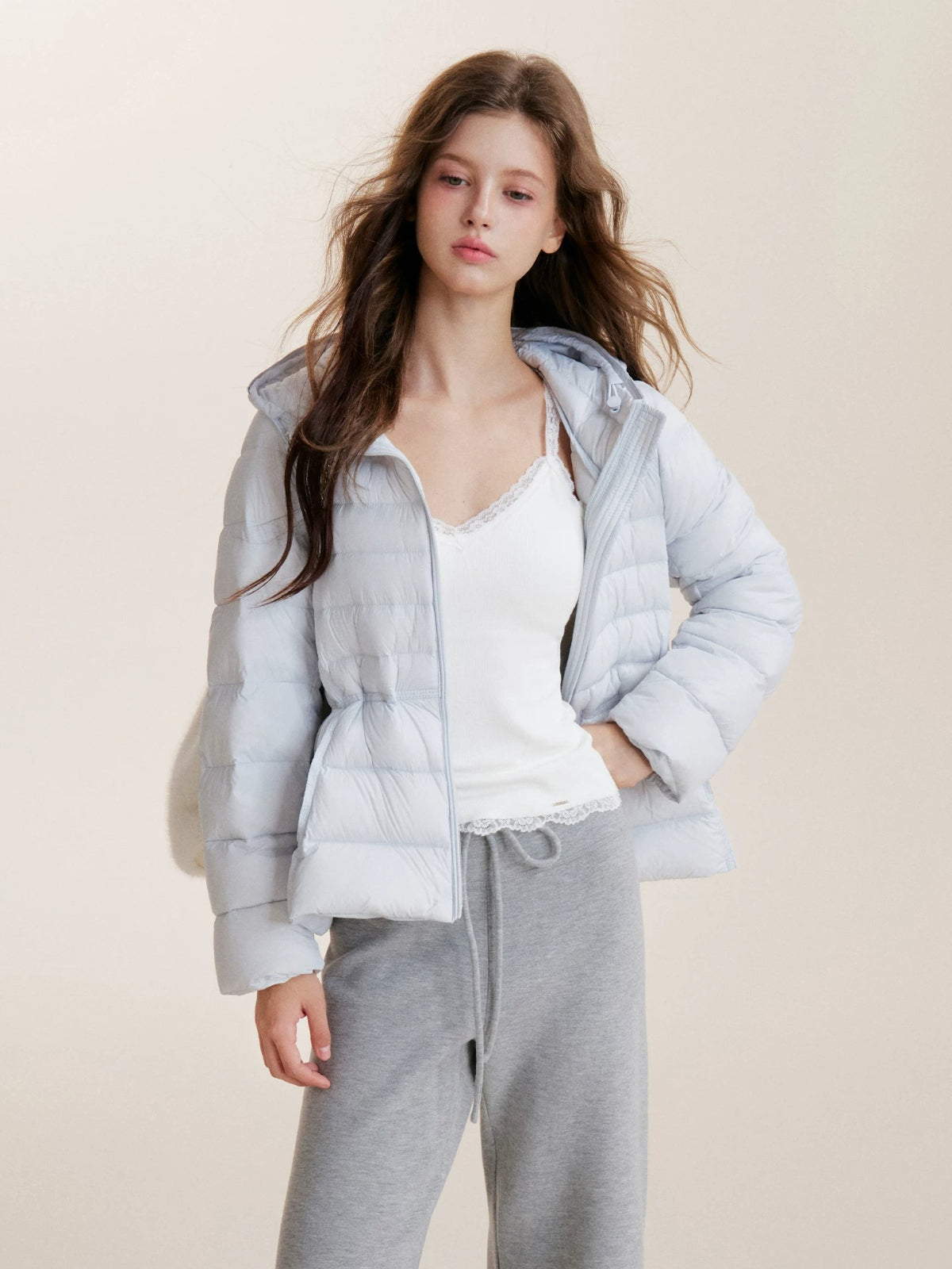 Drawstring Waist Hooded Down Jacket