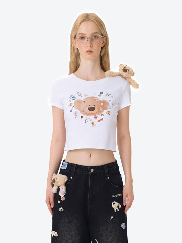 Sticker Bear Head Crew Neck Cotton T-shirt