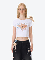 Sticker Bear Head Crew Neck Cotton T-shirt
