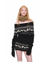 Fair Isle Cat Off-Shoulder Sweater