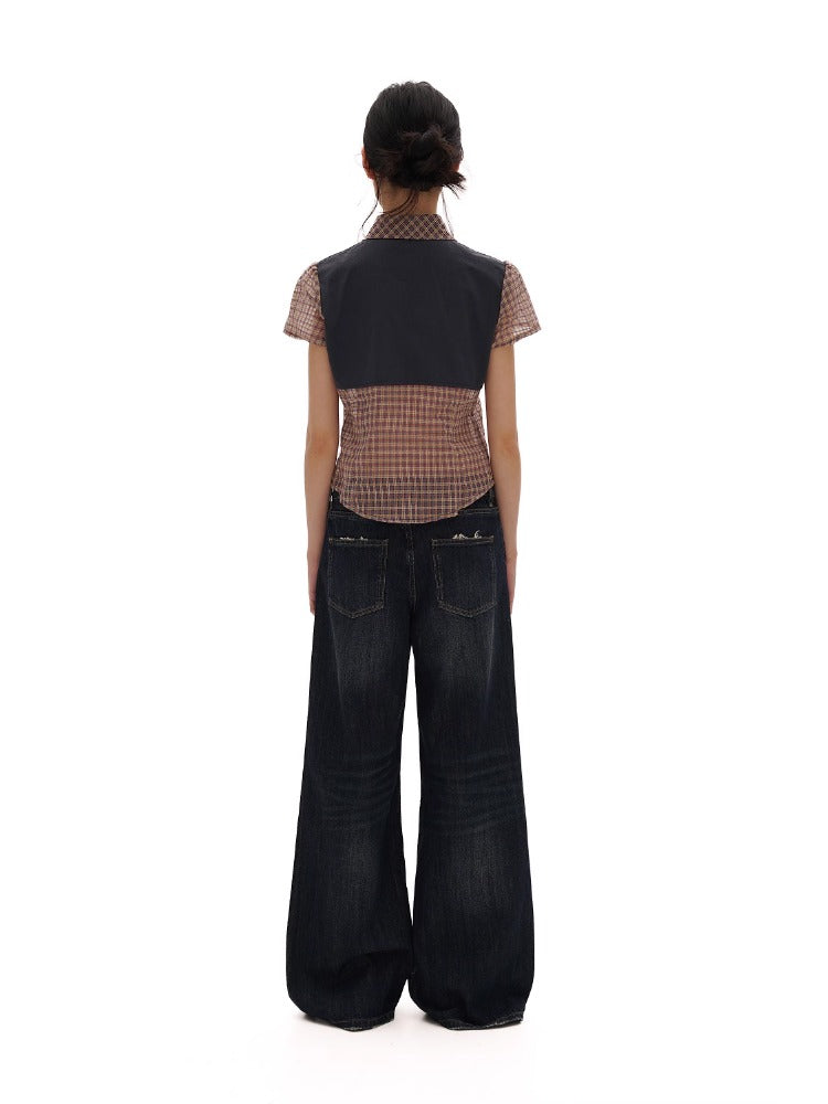 Retro Plaid Split Short Sleeve Shirt &amp; Puff Skirt Set