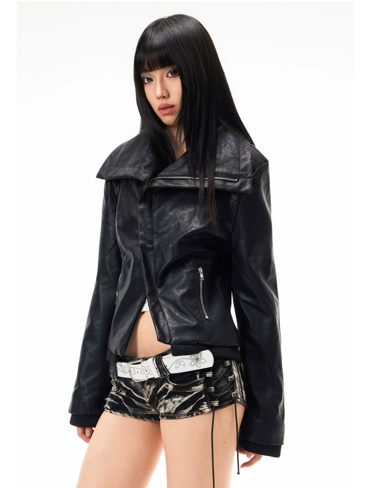 Asymmetric Lapel Leather Jacket