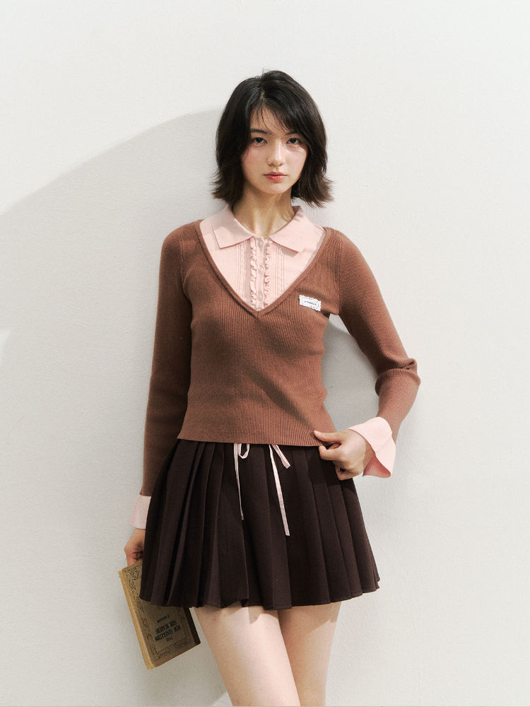 Brown &amp; Navy College Pleated Skirt