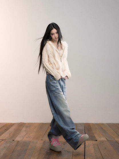 Fox Trim Hooded Knit Cardigan