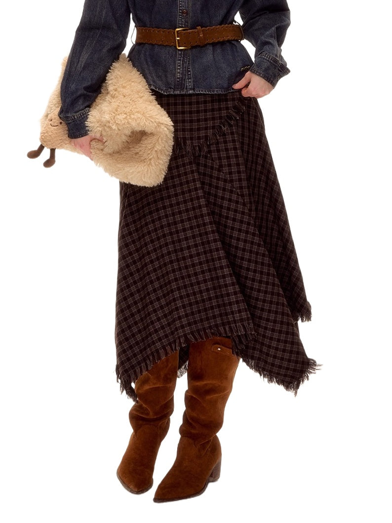 Frayed Hem Plaid Studded Belt Asymmetric A-Line Midi Skirt
