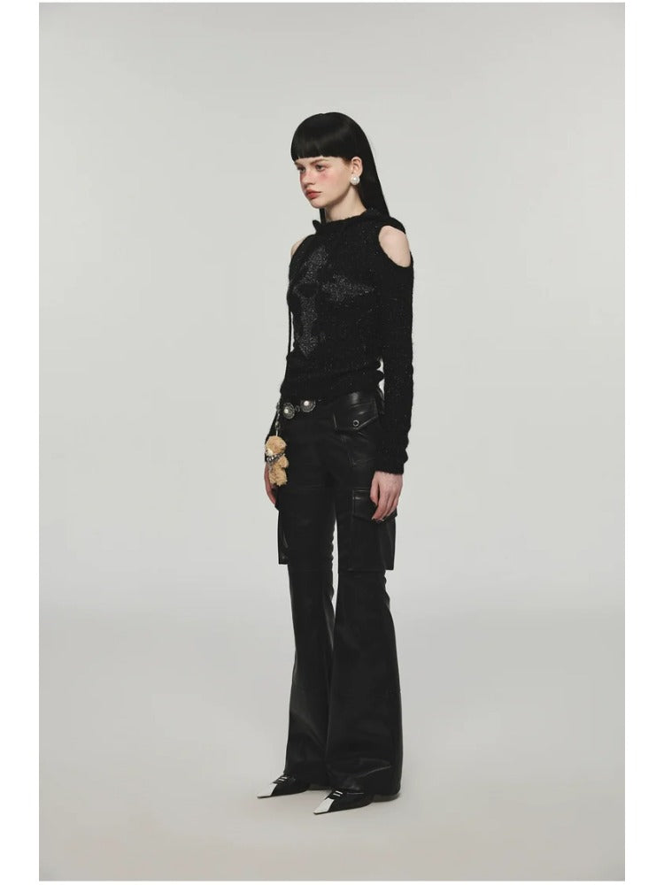 Mohair Off-Shoulder Knit Hoodie