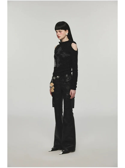 Mohair Off-Shoulder Knit Hoodie